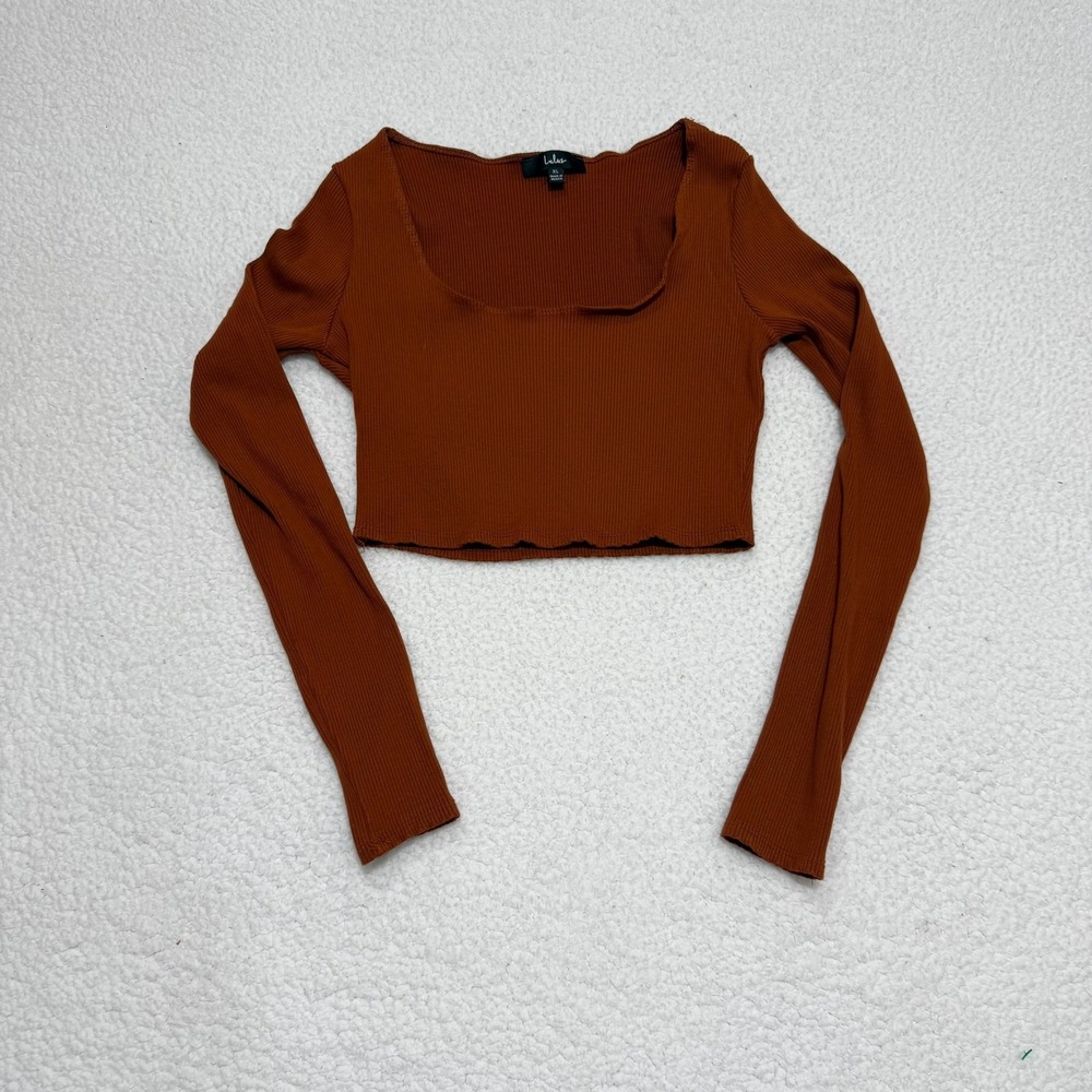 Lulus ST3044 Ribbed Long Sleeve Scoop Neck Crop Top Rust Brown Womens Size XL